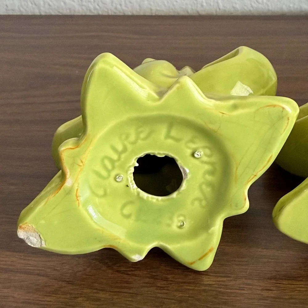 Vintage Chartreuse Green Ceramic Tulips Floral Candle Holder Set of 2 MCM READ